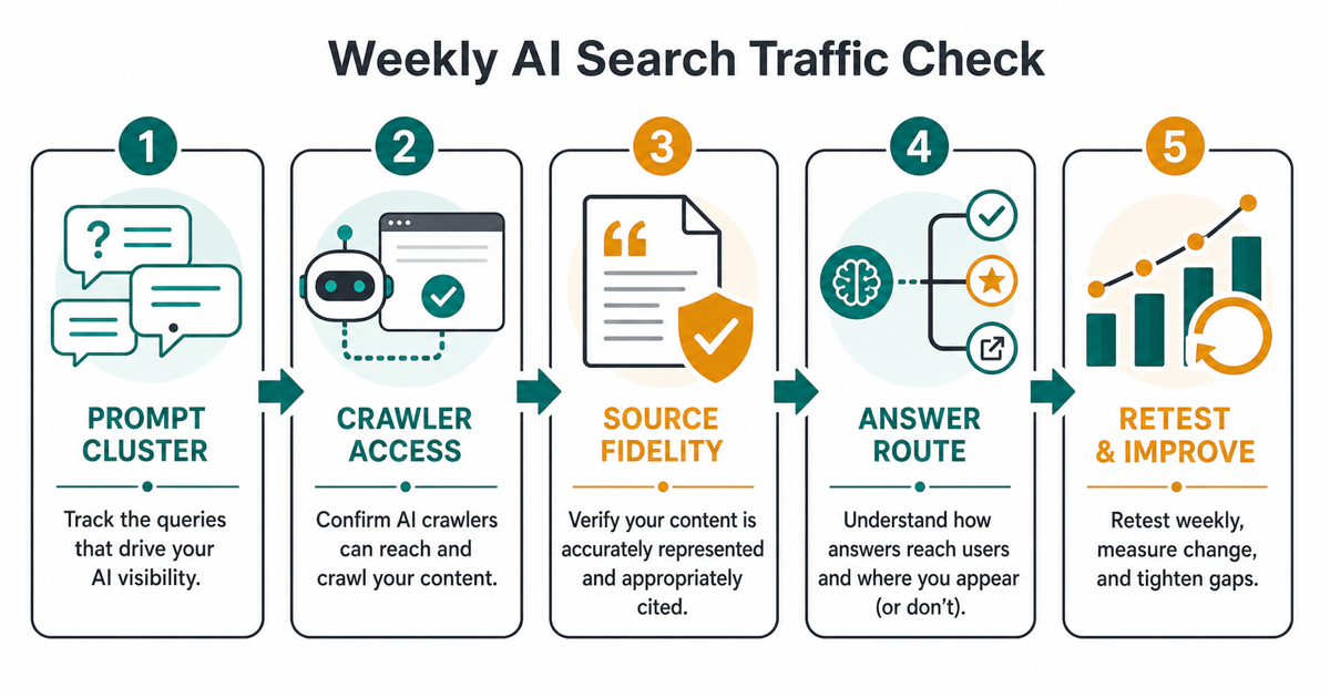 Weekly AI search traffic check framework connecting prompt clusters, crawler access, source fidelity, answer routing, and retesting