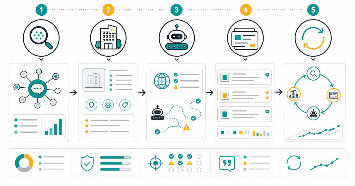 AI entity gap audit workflow showing prompt cluster, entity facts, crawler eligibility, answer evidence, and retest loop